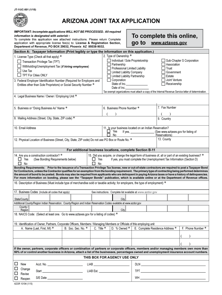  Arizona Joint Tax Application Form 2019