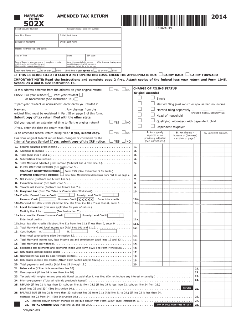  Form 502X the Comptroller of Maryland 2019