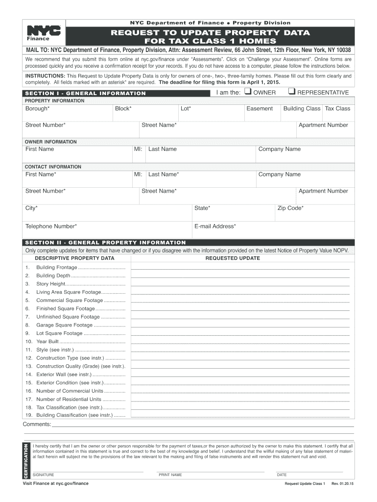 Get and Sign Update Property Description for Tax Class 1 Properties  NYC Gov 2015 Form
