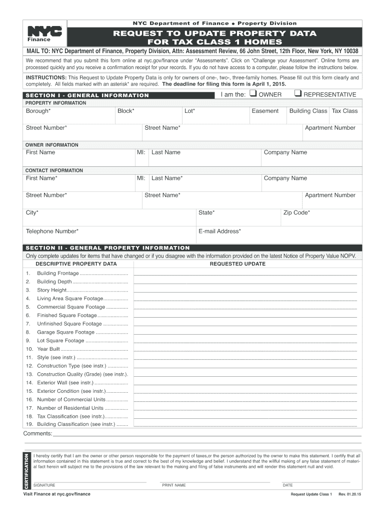  Update Property Description for Tax Class 1 Properties  NYC Gov 2015