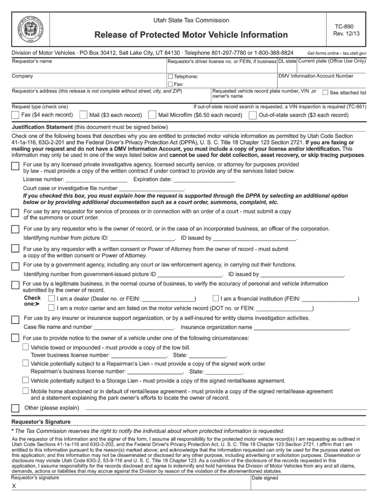  Utah Tc 890 Form 2013-2024