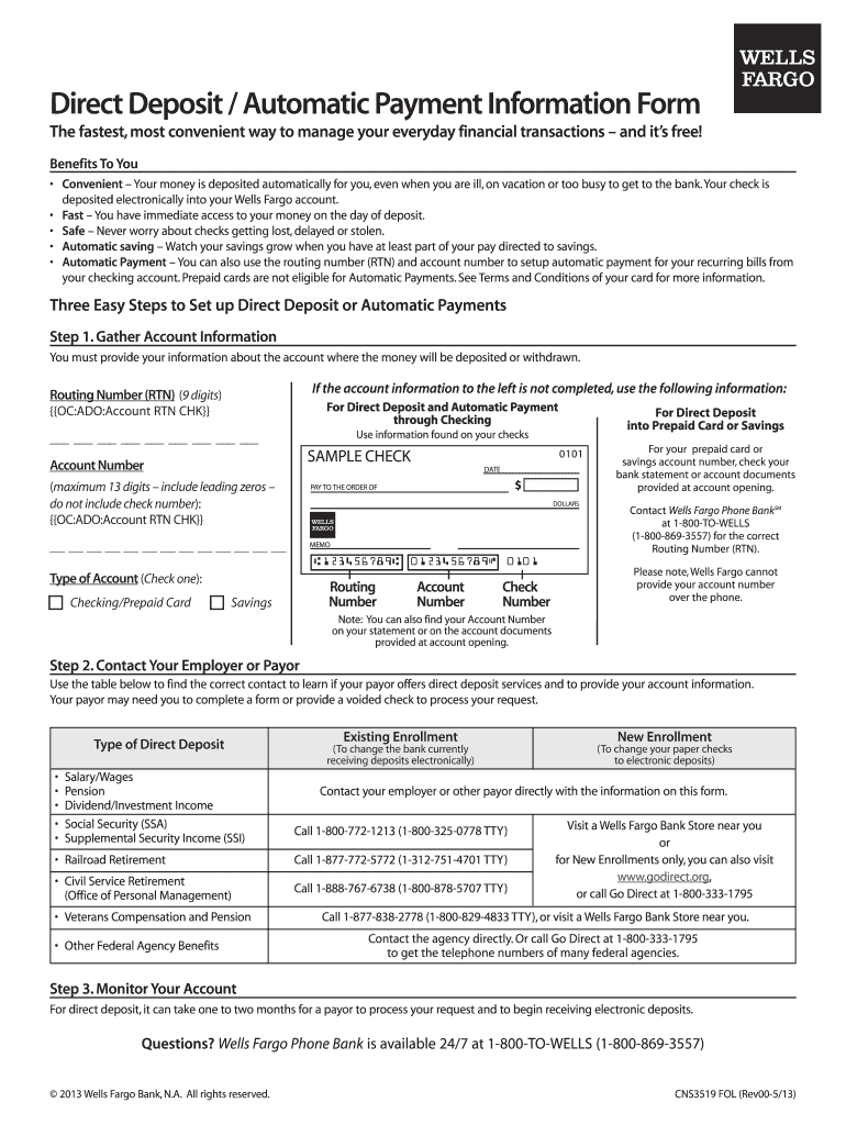  Wells Fargo Direct Deposit Form 2013-2023