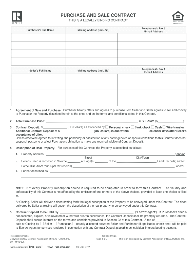 Vermont Purchase and Sale Agreement  Form