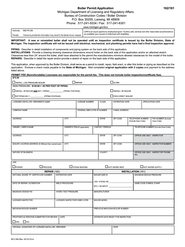  State of Michigan Boiler Permit 2015