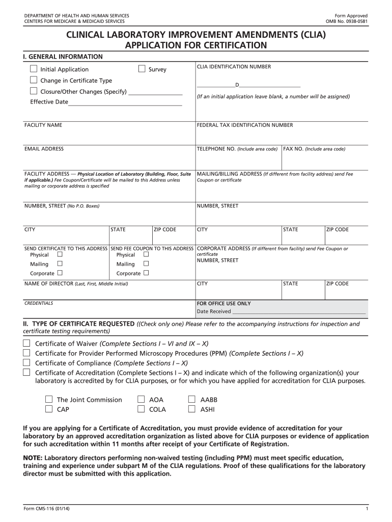  Clia Application  Form 2014
