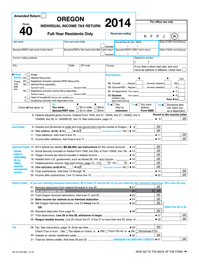  Form 40, Full Year Resident Individual Income Tax Return Oregon Gov 2019