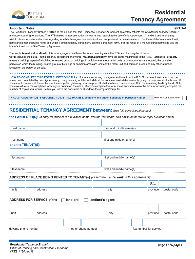  Rtb 1 Residential Tenancy  Form 2014