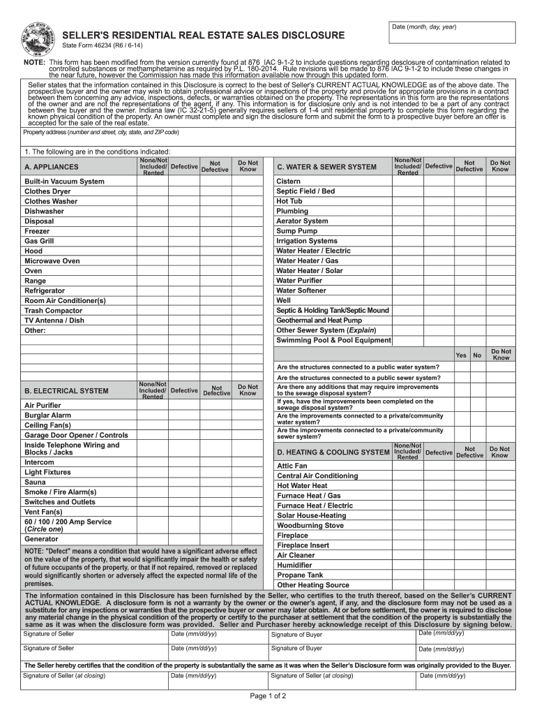  Sellers Residential Sales Disclosure Indiana 2014-2024