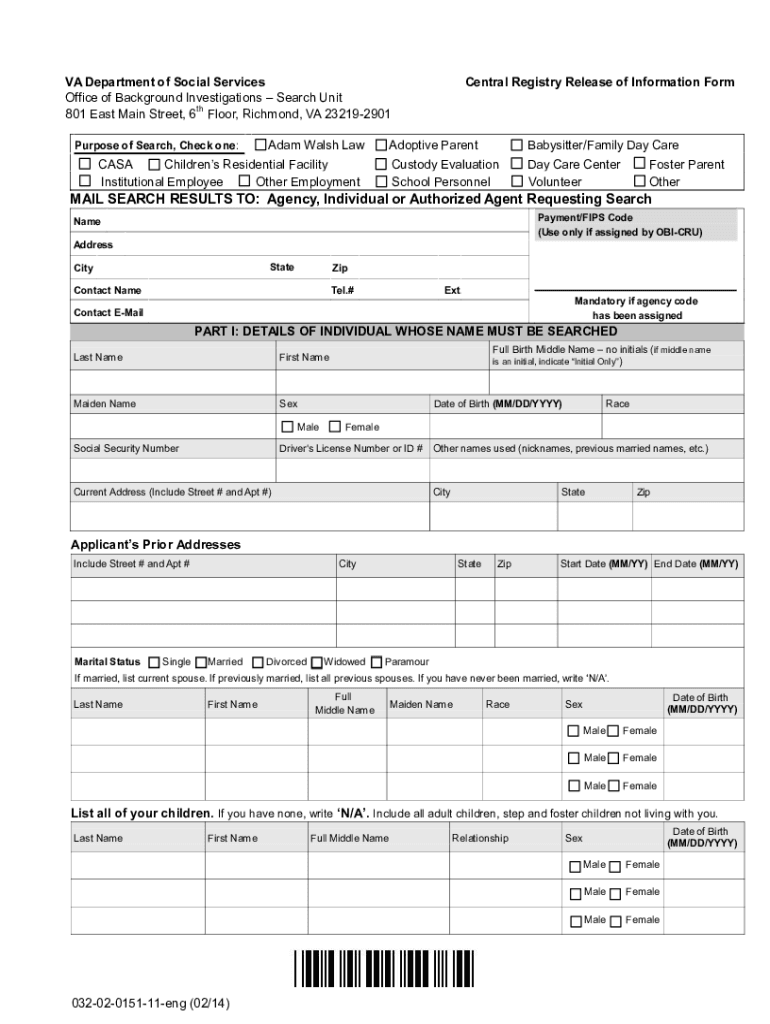  Central Registry Release of Information Form 2014-2024