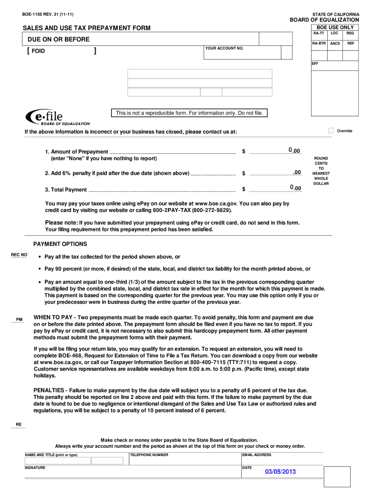  Prepayment 1150 Form 2011-2024