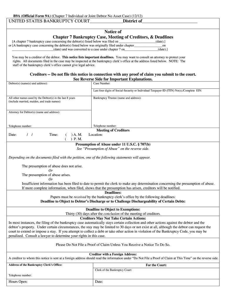  Notice to Creditors Bankruptcy 2012-2024