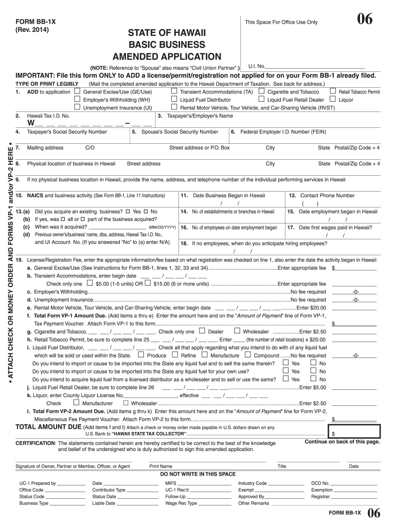  Form BB 1X Rev State of Hawaii Basic Business    Hawaii Gov 2014-2024