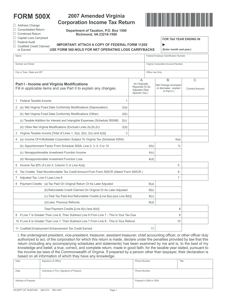  Form 500 for Virginia 2007-2024