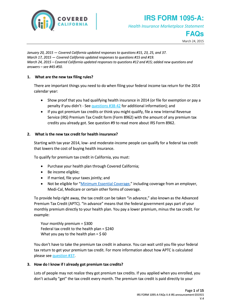  IRS FORM 1095 a FAQs  Covered California 2015-2024