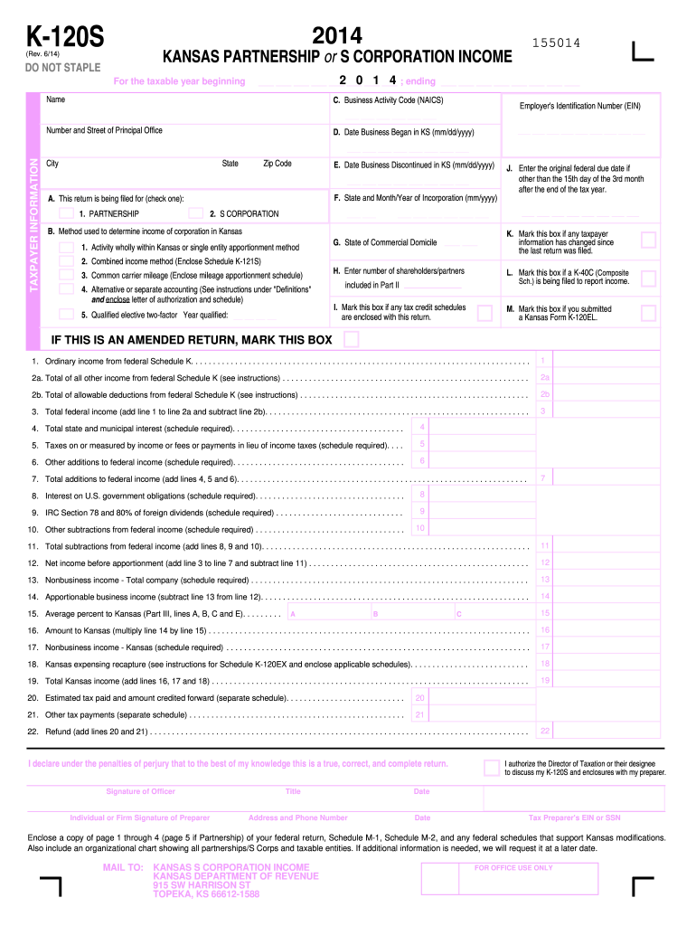  Kansas K 120s Form 2020