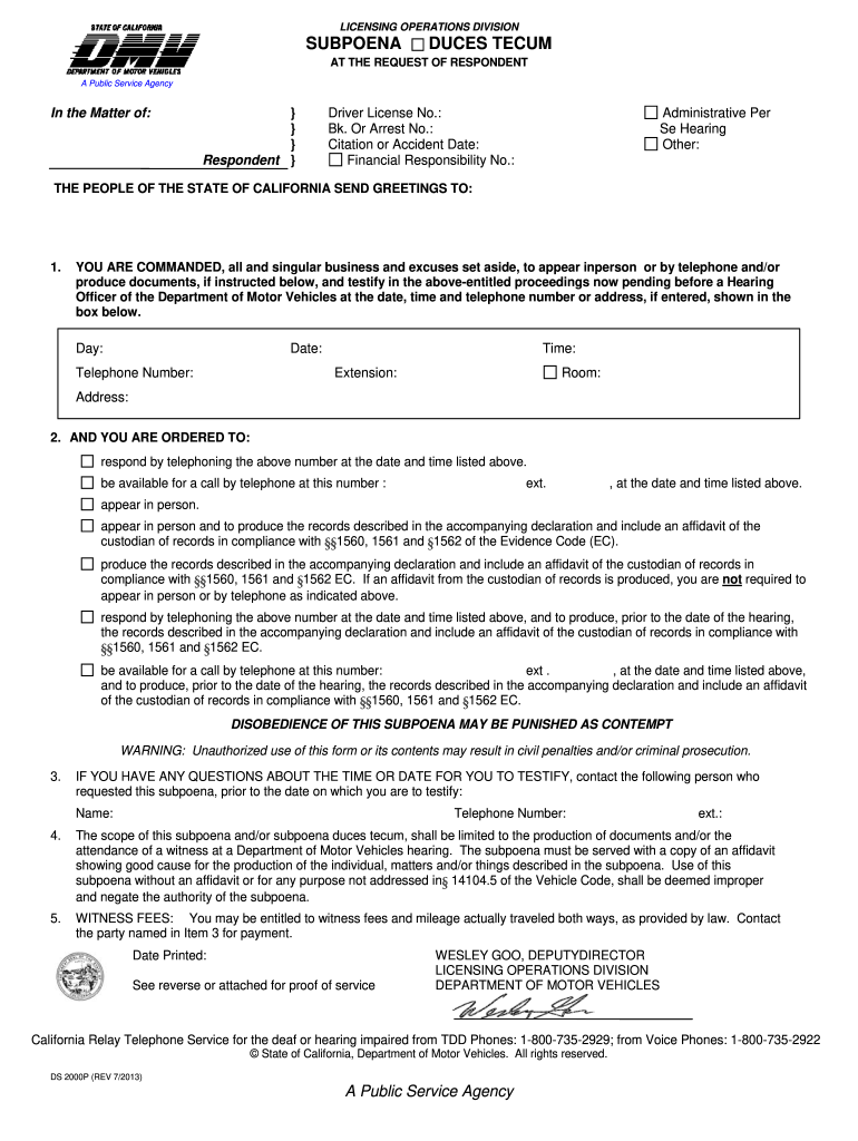  Ca Form Subpoena Duces 2013-2024