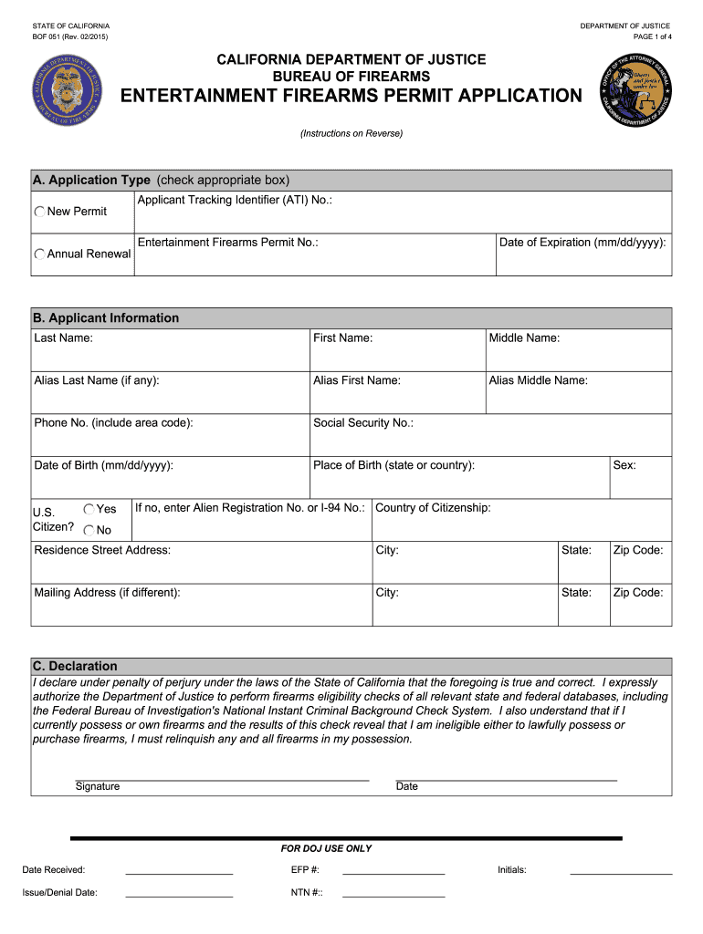  California Entertainment Firearms Permit 2015-2024