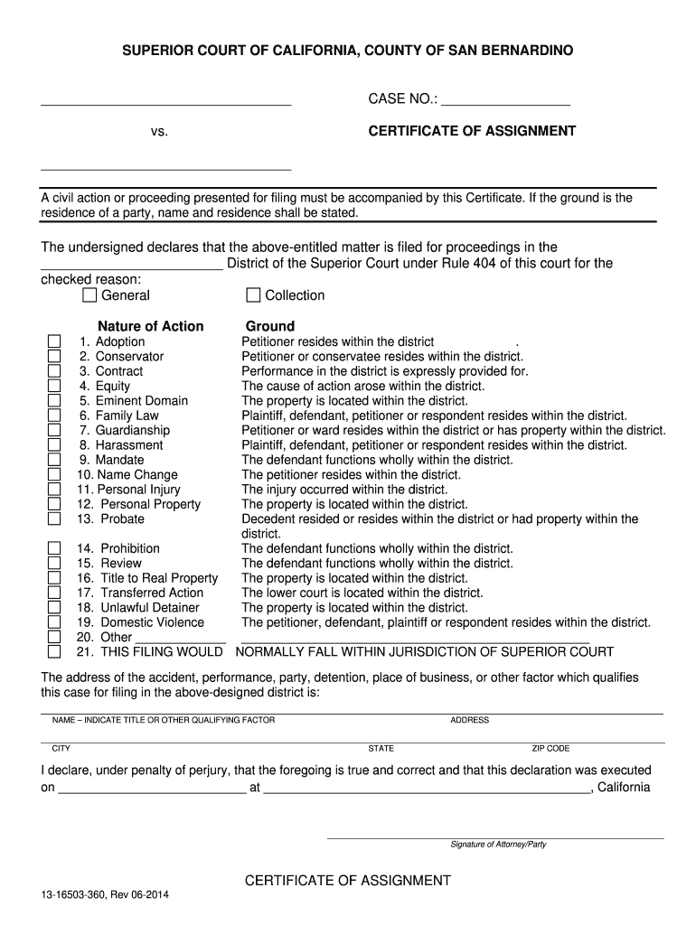 certificate of assignment san bernardino superior court