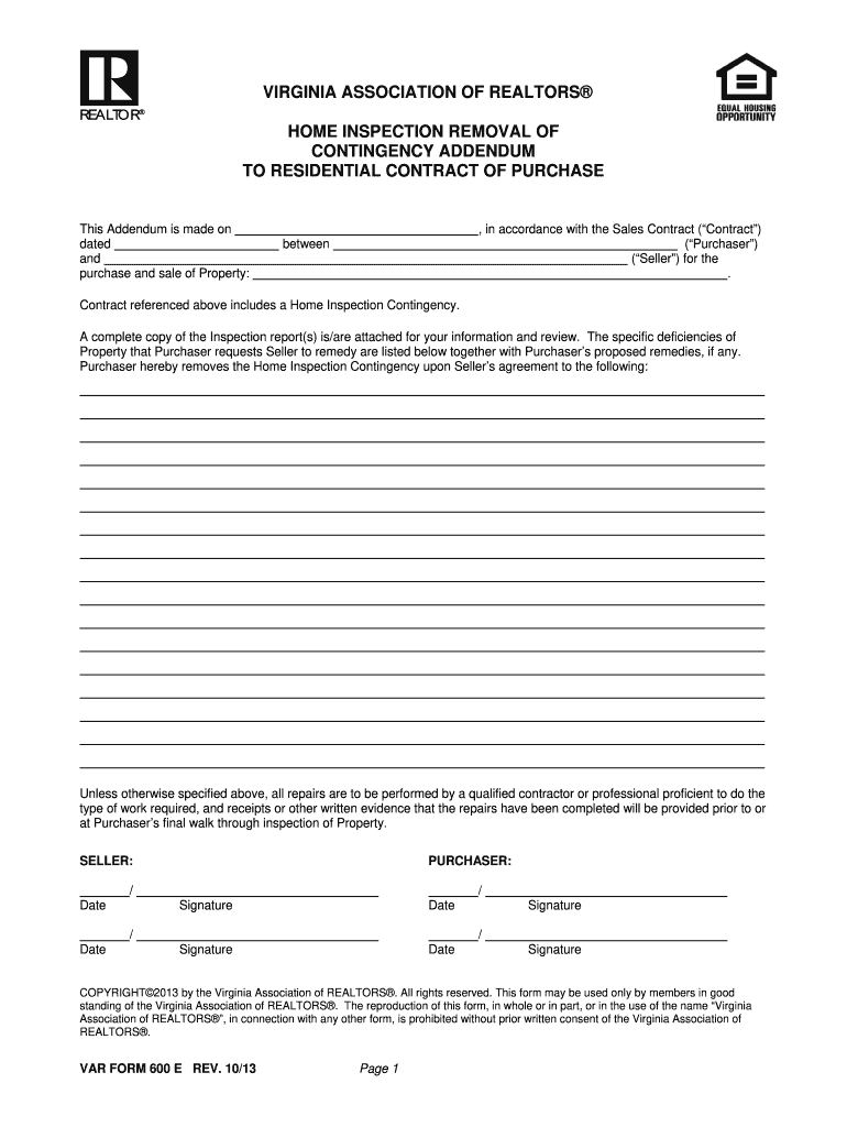Property Inspection Contingency Removal Addendum  Form