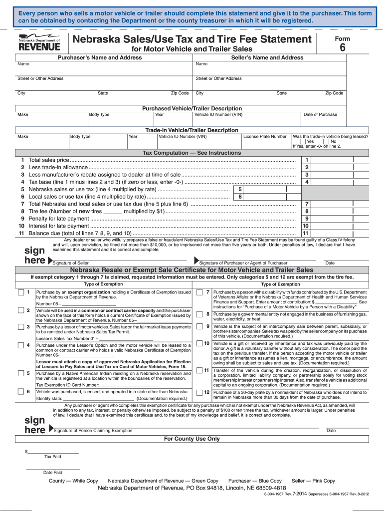  Form 6 Nebraska Fillable 2014