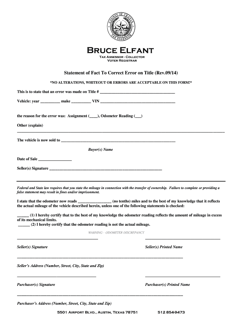  Statement of Fact to Correct Error on Title Texas Travis County 2014-2024