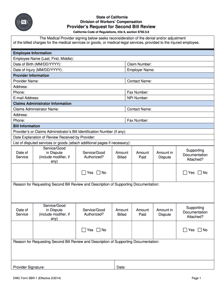  Sbr Work Comp Form 2014-2023