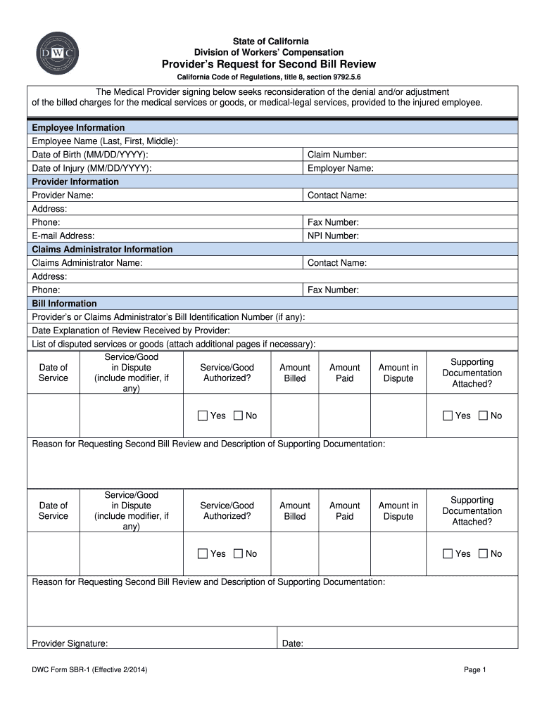  Sbr Work Comp Form 2014-2024