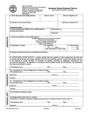  Tennessee Asbestos Waste Shipment Record 2013