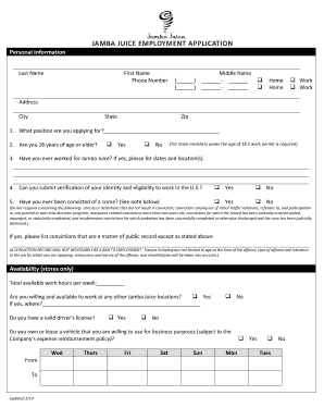  Jamba Juice Hiring Application 2014-2024