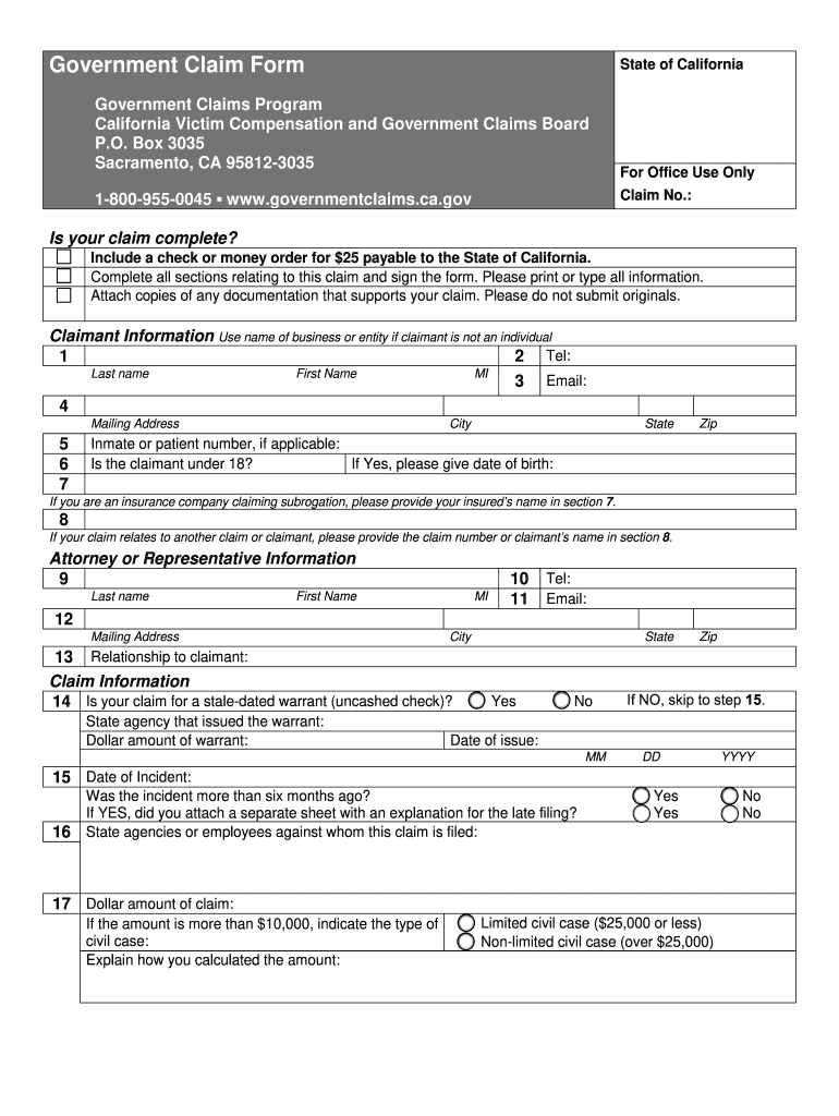  State of California Government Claim Form 2014