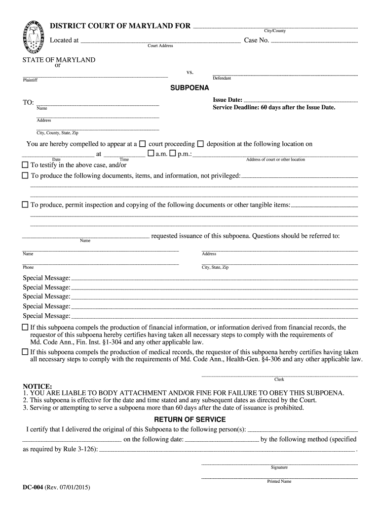  Subpoena Form Cc 004 Md Circuit Court 2015-2024
