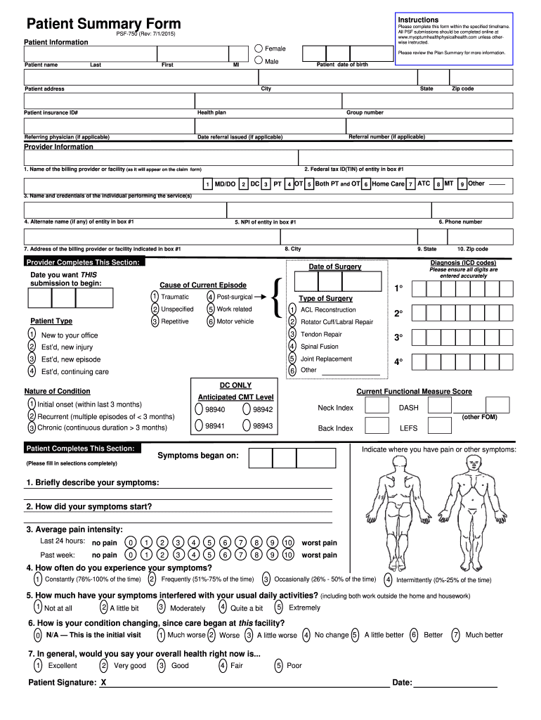  Patient Summary Form 2015-2024