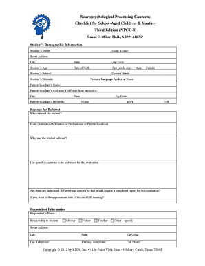 Neuropsychological Processing Concerns Checklist  Form