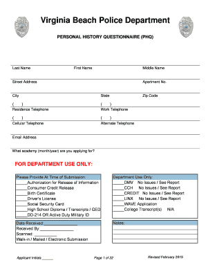  Personal History Questionnaire  Form 2015