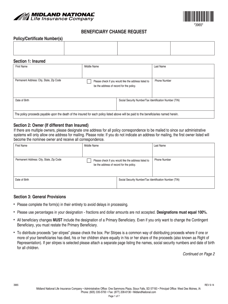  Midland National Beneficiary Change Form 2014-2024