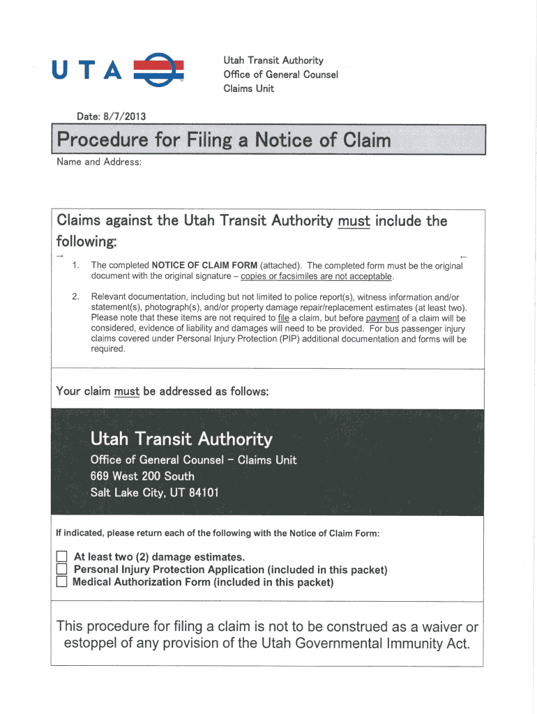  Notice of Claim Form Utah 2013-2024