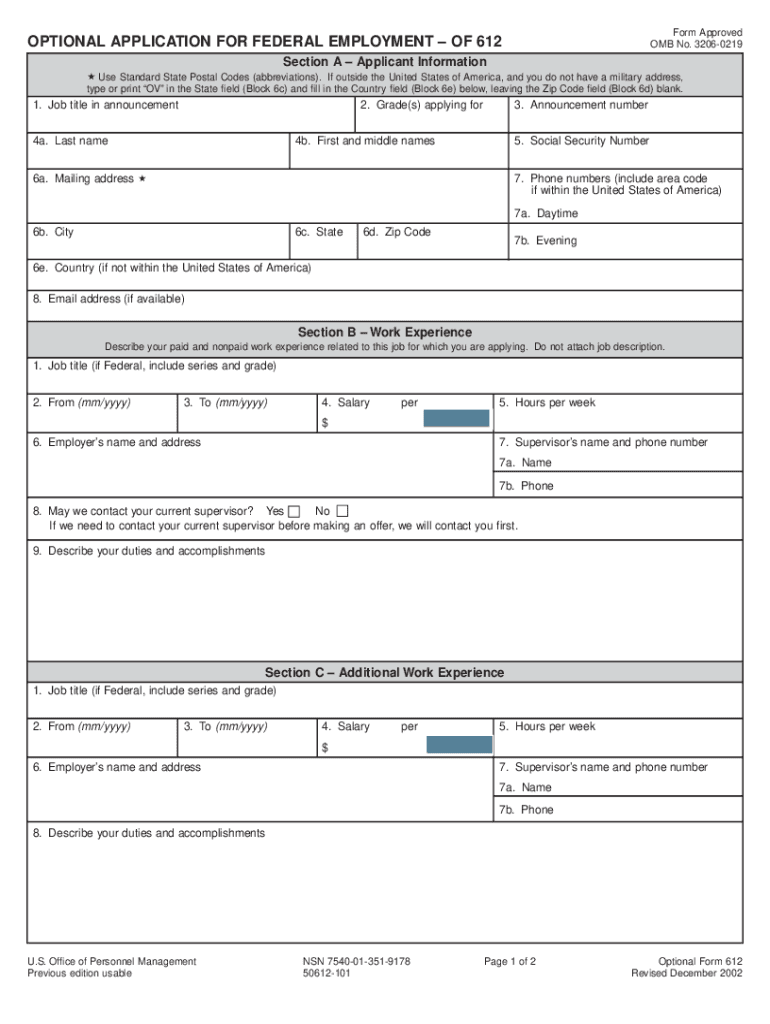  Optional Application for Federal Employment of 612 Form 2002