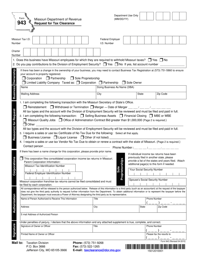  Fillable Mo 943 2015