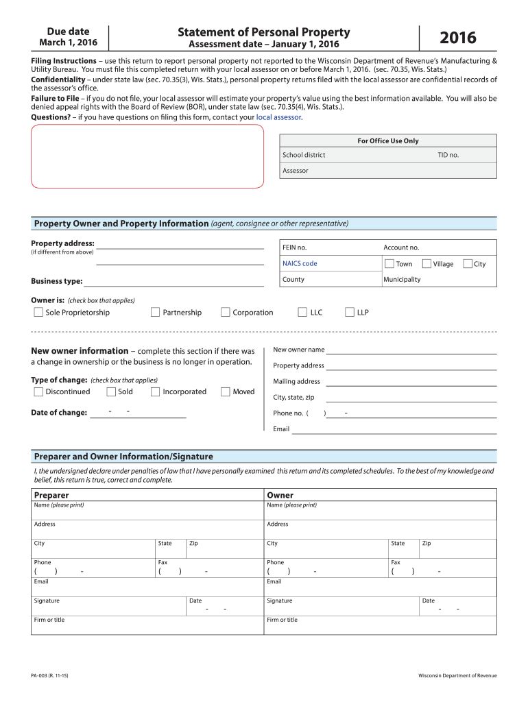  Statement Property  Form 2016