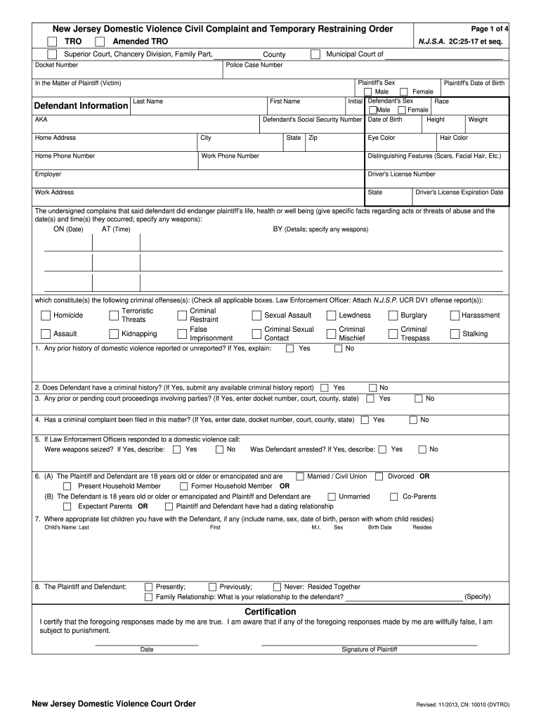 Get and Sign Nj Restraining Order Form 2013-2022