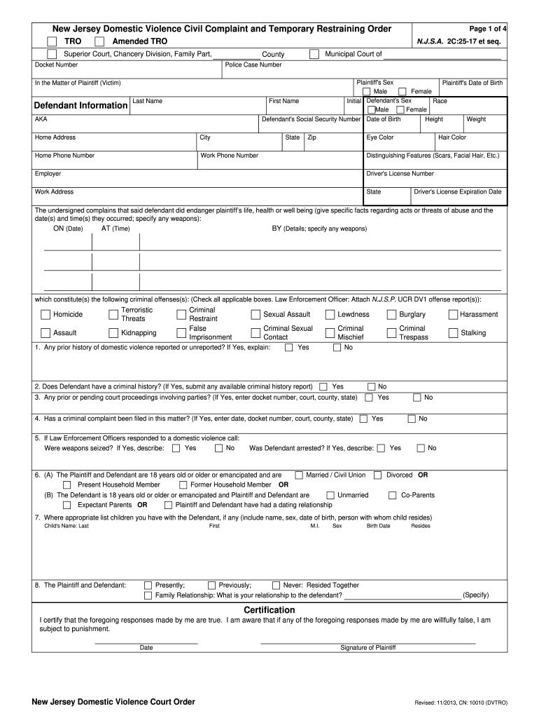  Nj Restraining Order Form 2013-2024