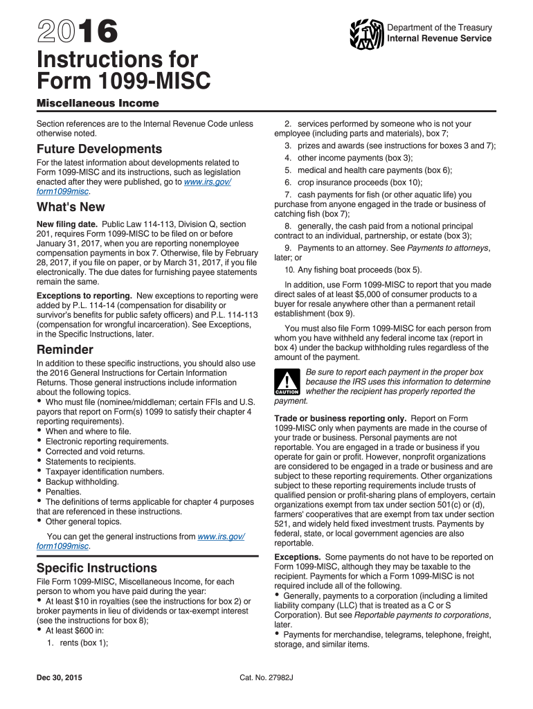  Irs 1099 Instructions  Form 2016