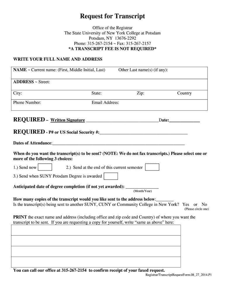 Get and Sign Potsdam Transcript Request 2014-2022 Form