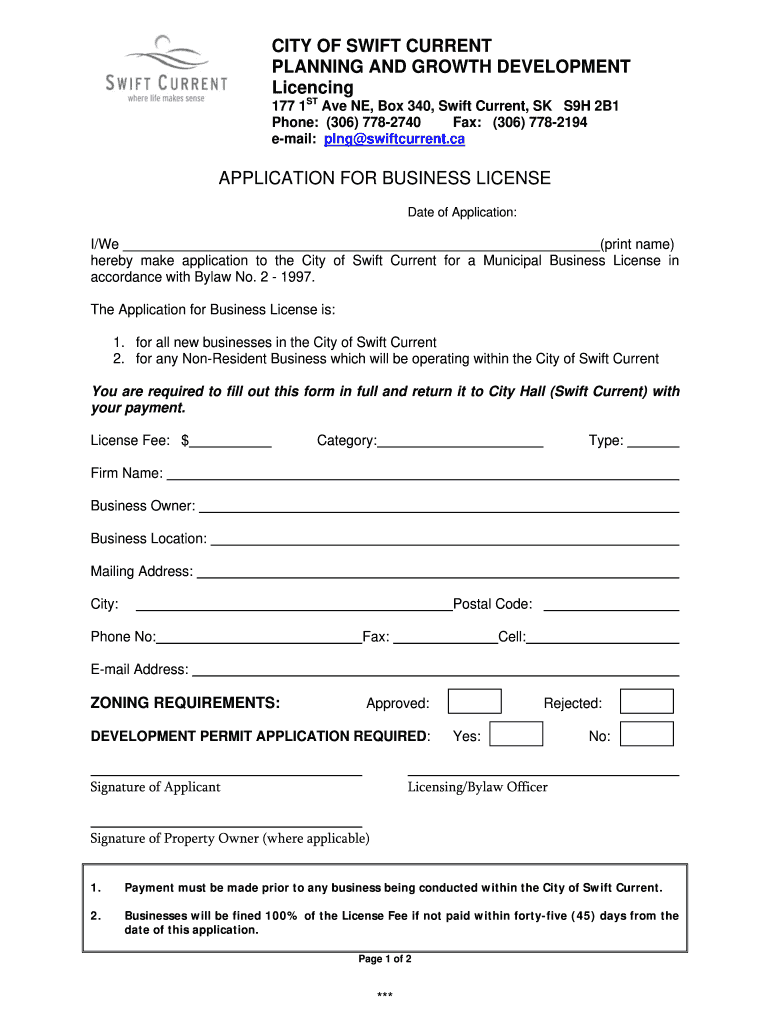  Business License Swift Current  Form 2014-2024