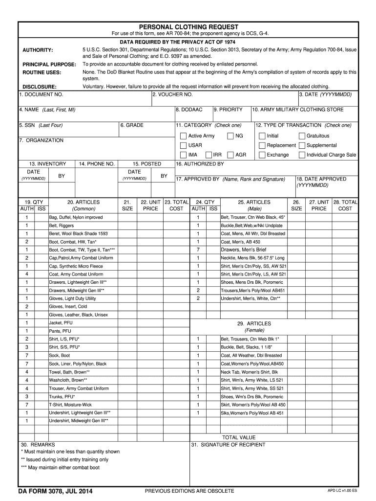  Da Form 3078 2014-2024