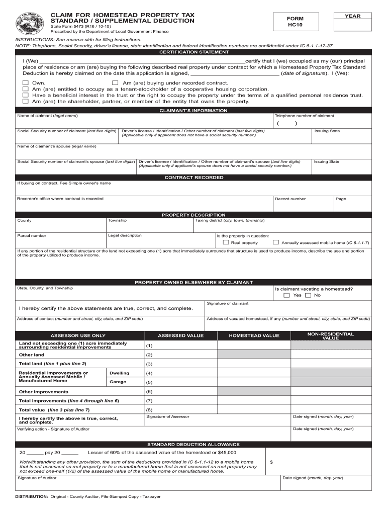  Indiana Homestead Tax  Form 2015