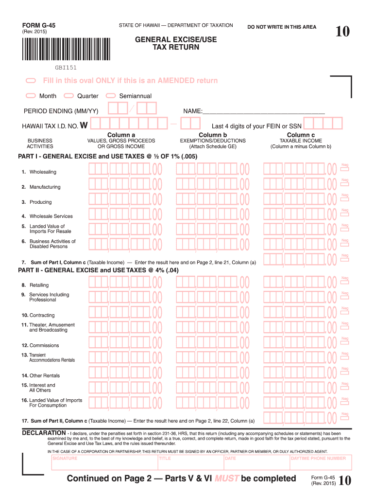  State of Hawaii Tax Form G 45 2015