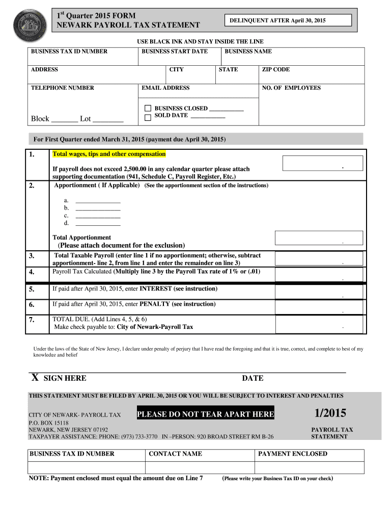  Newark Quarter Payroll Tax Statement  Form 2015