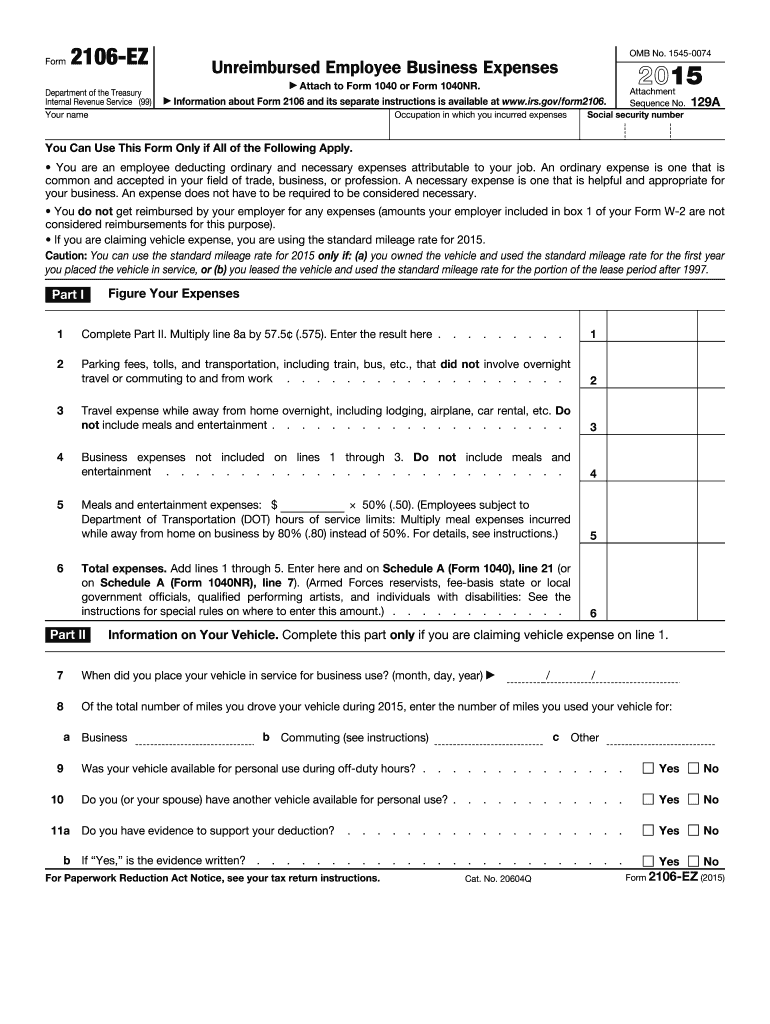 Get and Sign Form 2106 Ez 2015