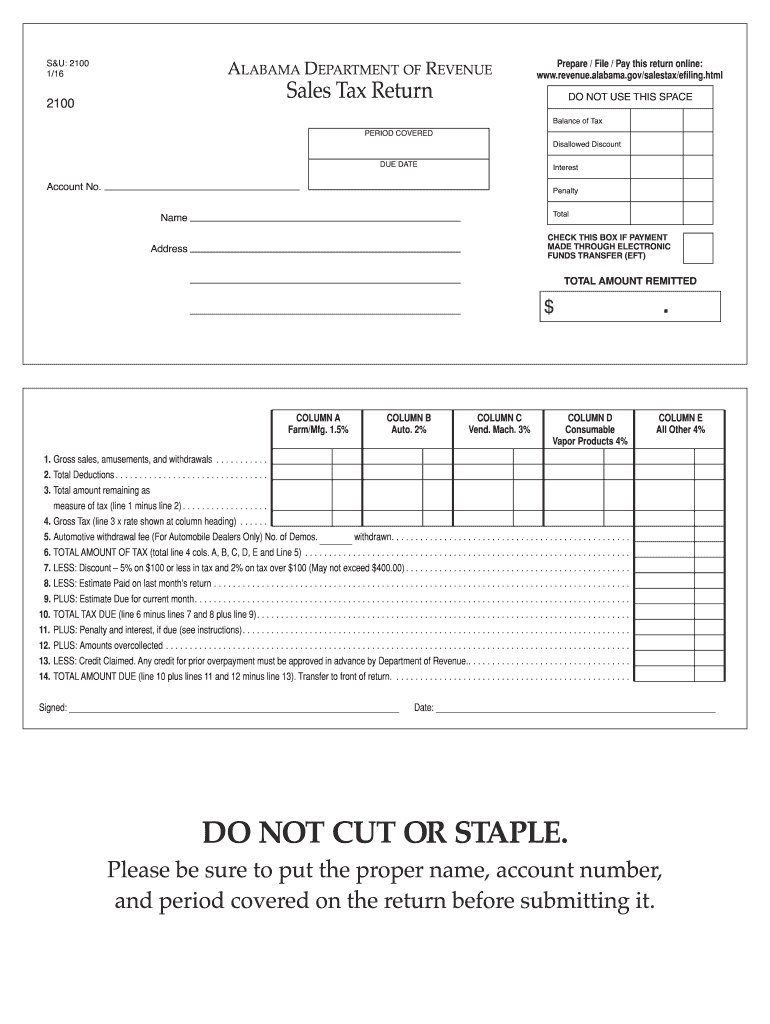  Alabama Sales Tax Form 2100 2016-2024